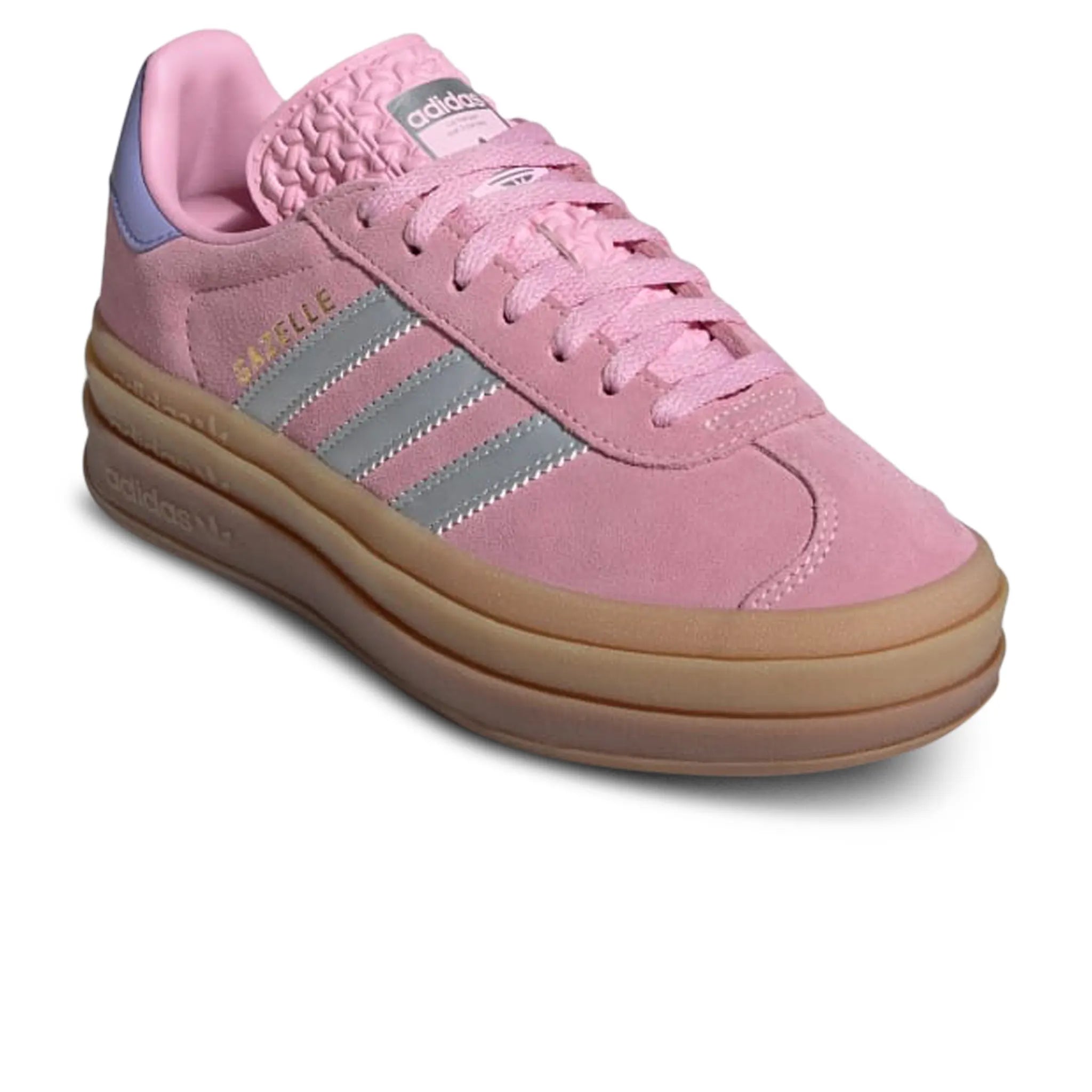 Front side view of Adidas Gazelle Bold Kids True Pink Gum Silver Purple JH5539